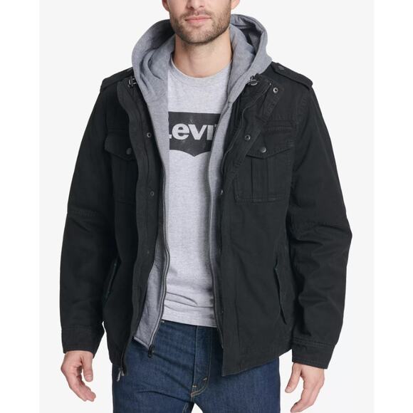 Levi's Mens Sherpa Lined Trucker Jacket Large Black Two Pocket Hooded NWT - Picture 1 of 12